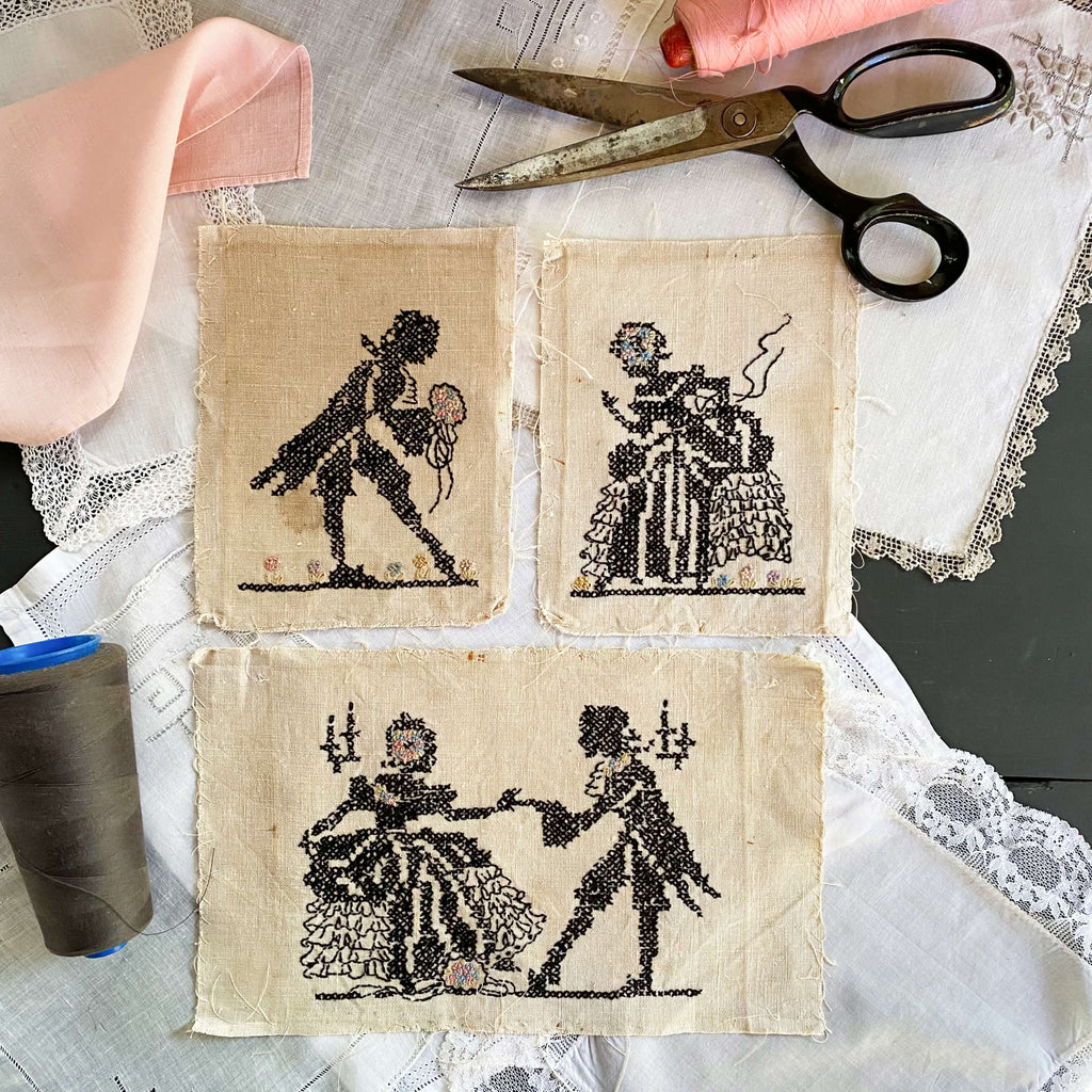 Vintage 1930s Courtly Dancing Embroidery Samplers - Baroque Era Couple - Set of Three