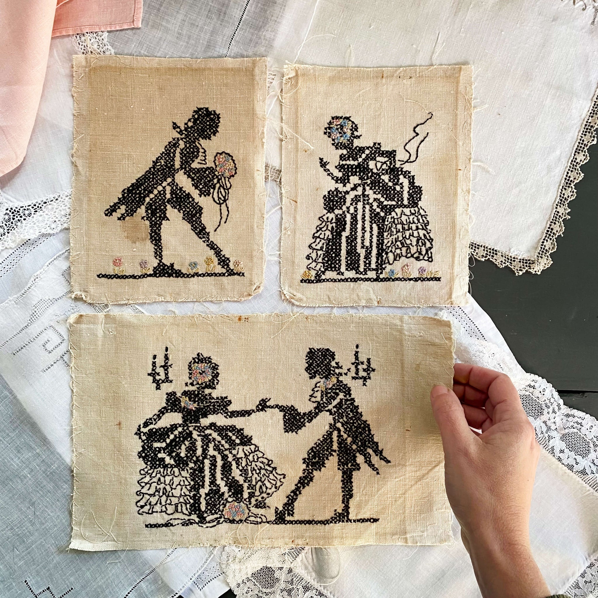 Vintage 1930s Courtly Dancing Embroidery Samplers - Baroque Era Couple - Set of Three