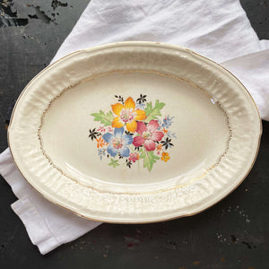 Small Vintage French Saxon Platter  with Blue Pink Black and Yellow Flowers circa 1934-1952
