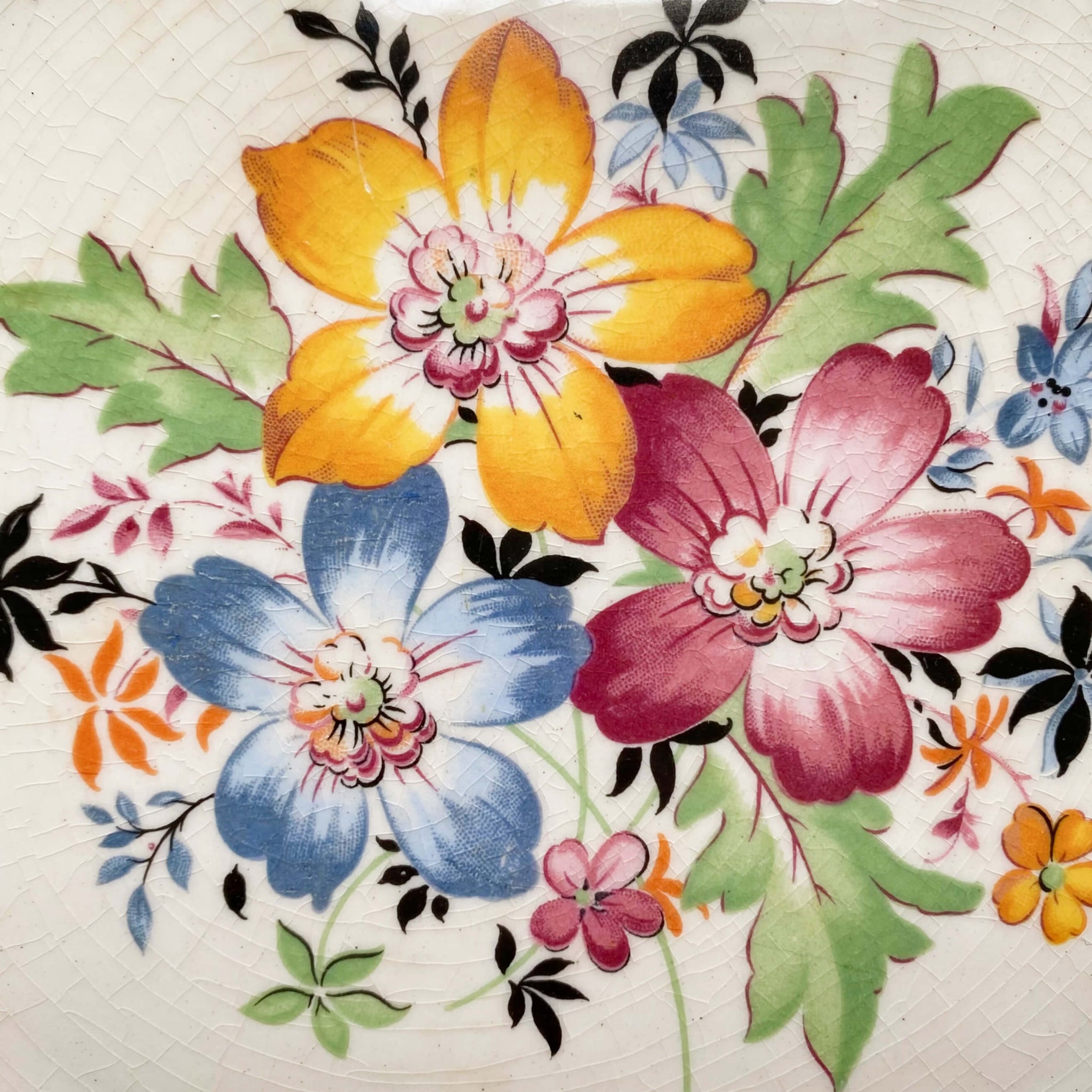 Small Vintage French Saxon Platter  with Blue Pink Black and Yellow Flowers circa 1934-1952