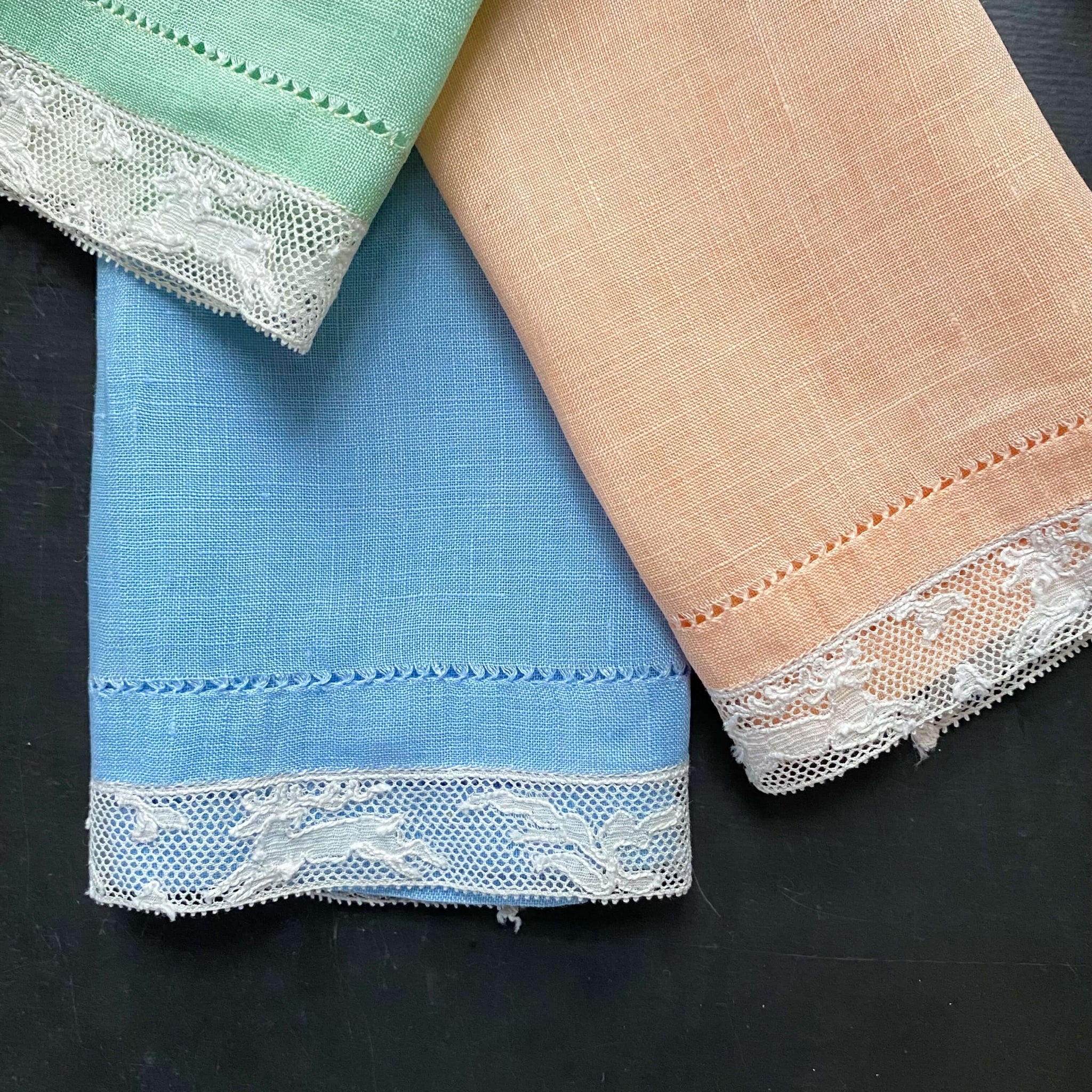 Vintage Set of Three Pastel Table Linens with Mechlin Lace Edge circa 1930s-1940s