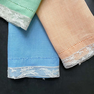 Vintage Set of Three Pastel Table Linens with Mechlin Lace Edge circa 1930s-1940s