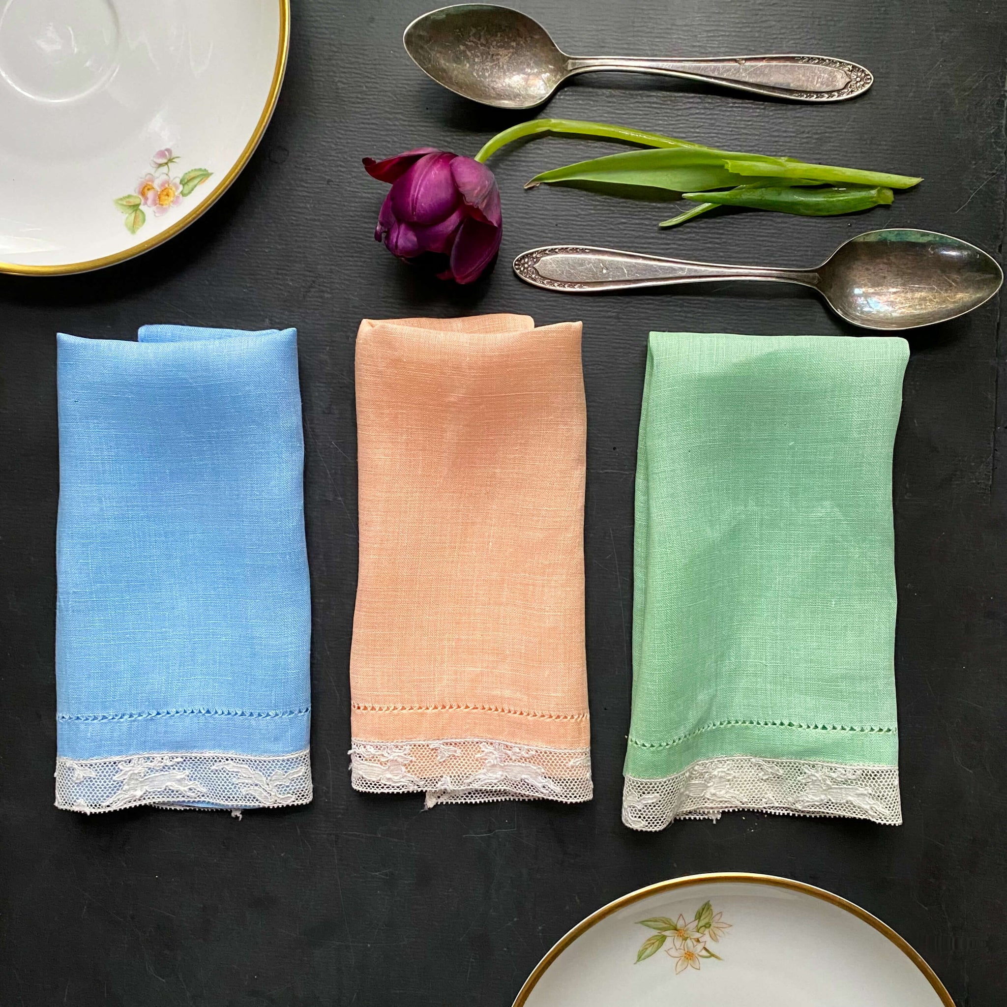 Vintage Set of Three Pastel Table Linens with Mechlin Lace Edge circa 1930s-1940s