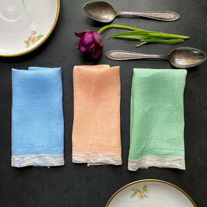 Vintage Set of Three Pastel Table Linens with Mechlin Lace Edge circa 1930s-1940s