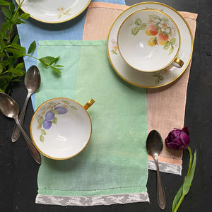 Vintage Set of Three Pastel Table Linens with Mechlin Lace Edge circa 1930s-1940s