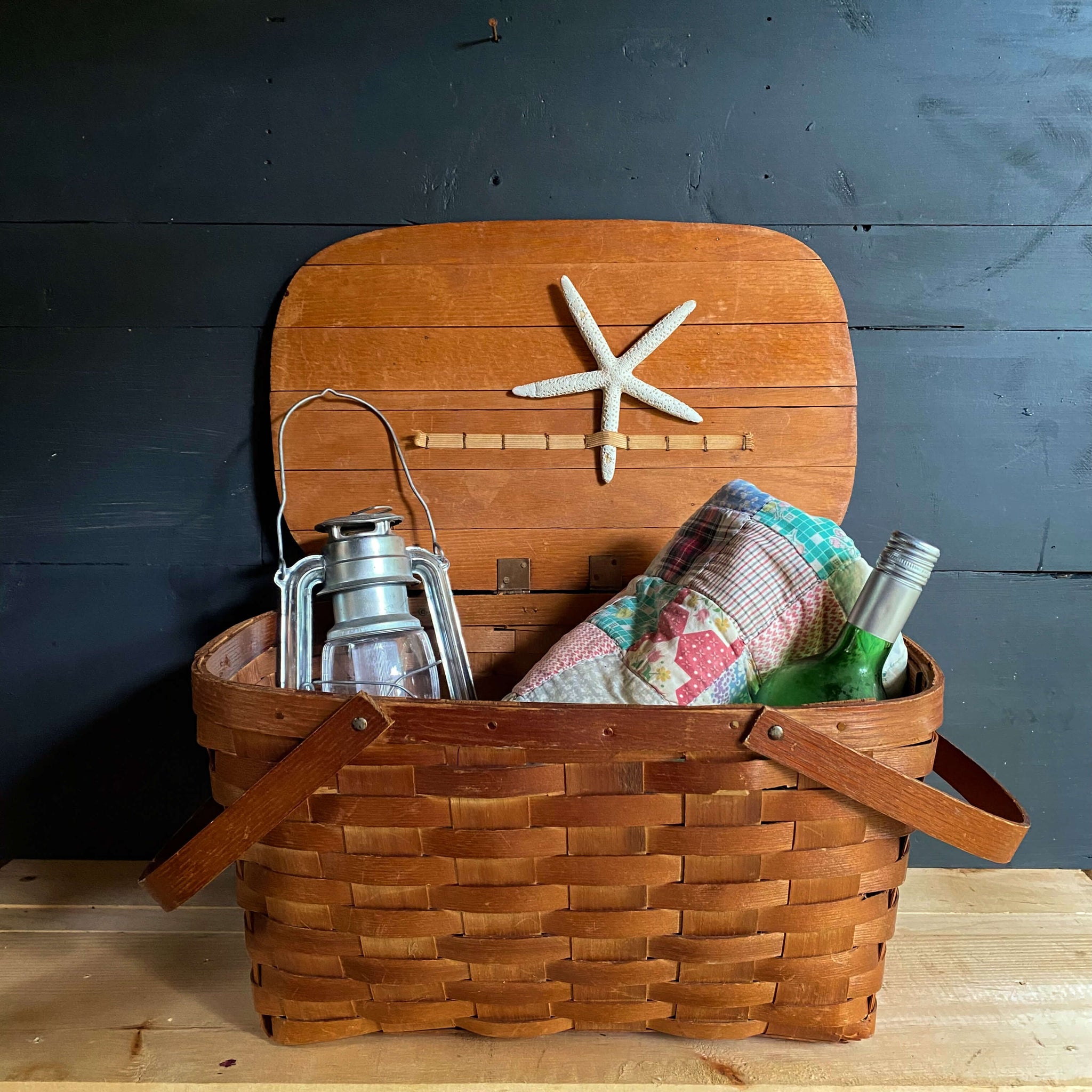 Vintage 1930s Split Oak Basketweave Picnic Basket