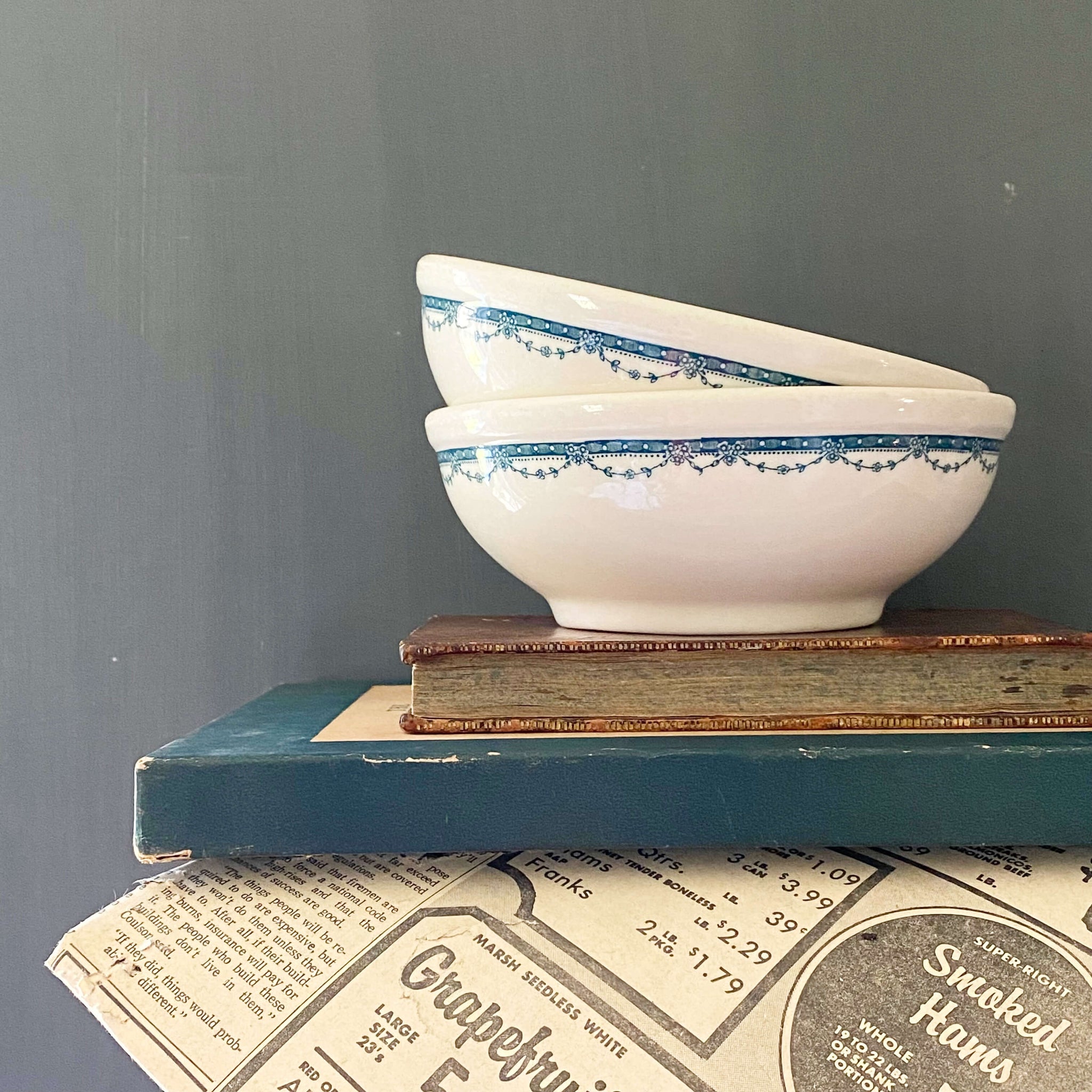 Vintage 1930s Shenango Restaurant Ware Cereal Bowls with Teal Trim - Set of Two circa 1930s-1940s