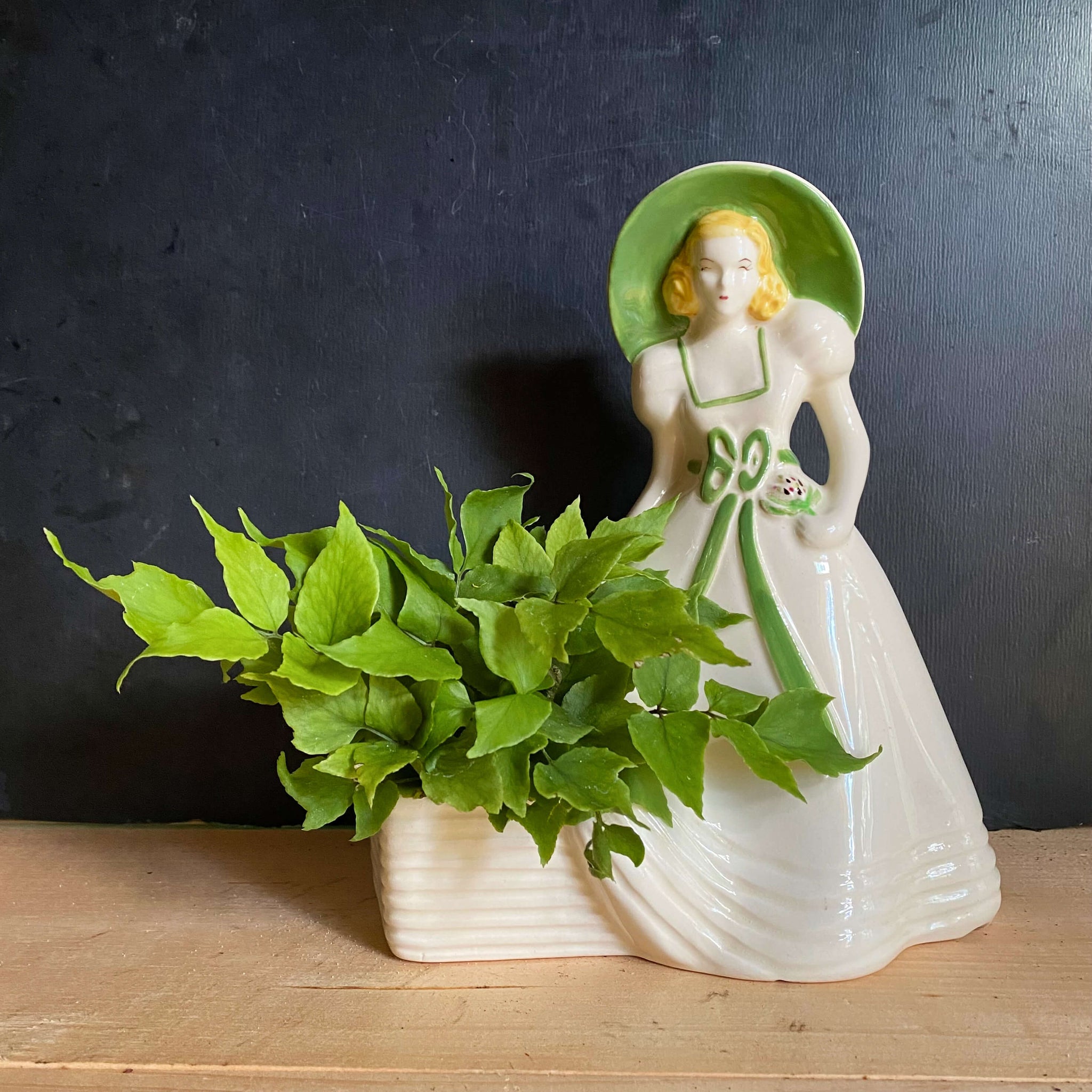 Vintage 1940s Hull Basket Lady Planter with Green Hat #954