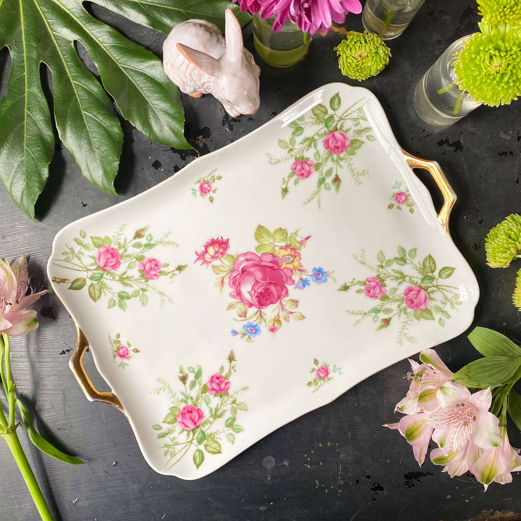 Vintage German Porcelain Serving Tray with Pink Roses by Cico circa 1949-1955