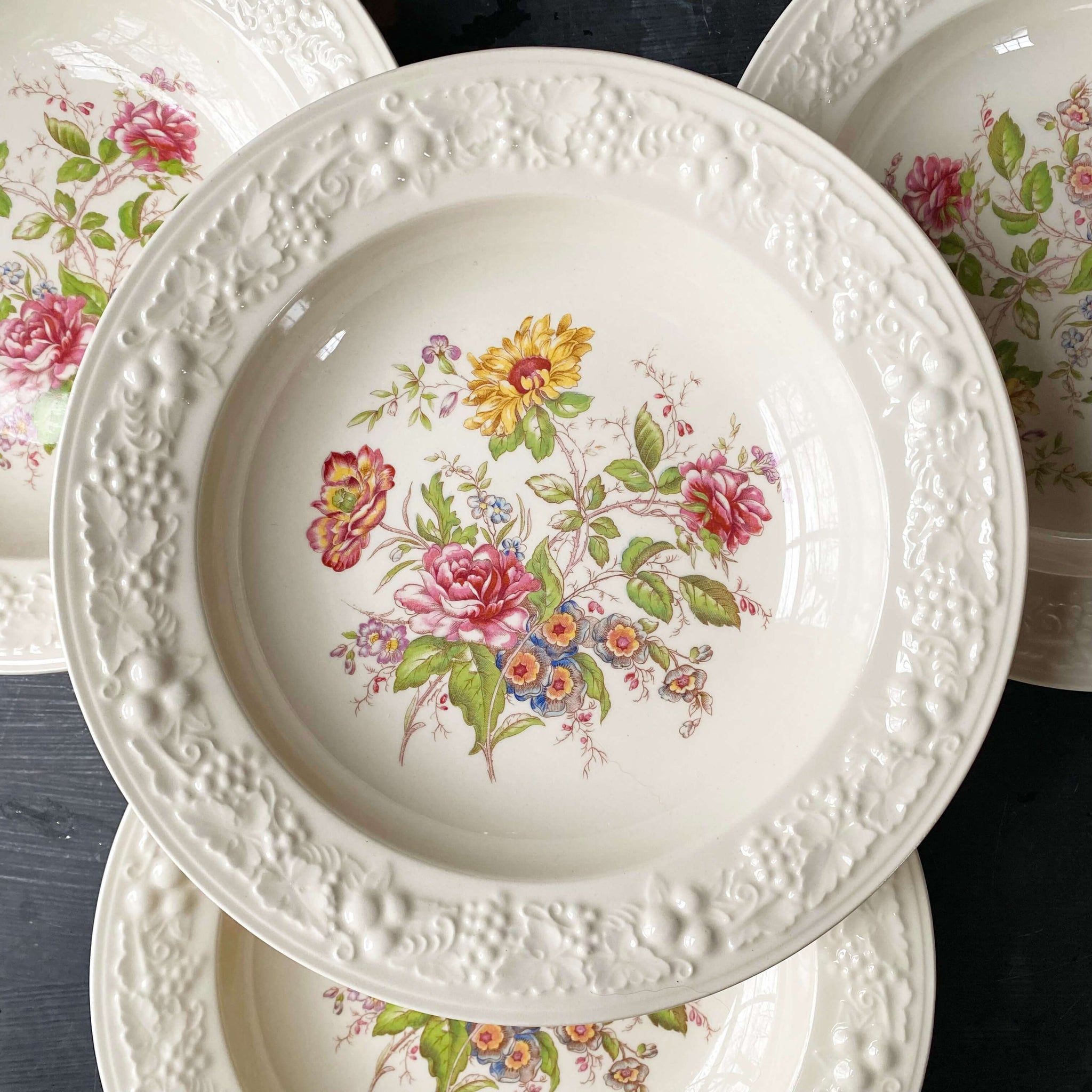 Vintage 1940s Homer Laughlin Eggshell Soup Bowls with Pink & Yellow Florals - Set of 4 circa 1947