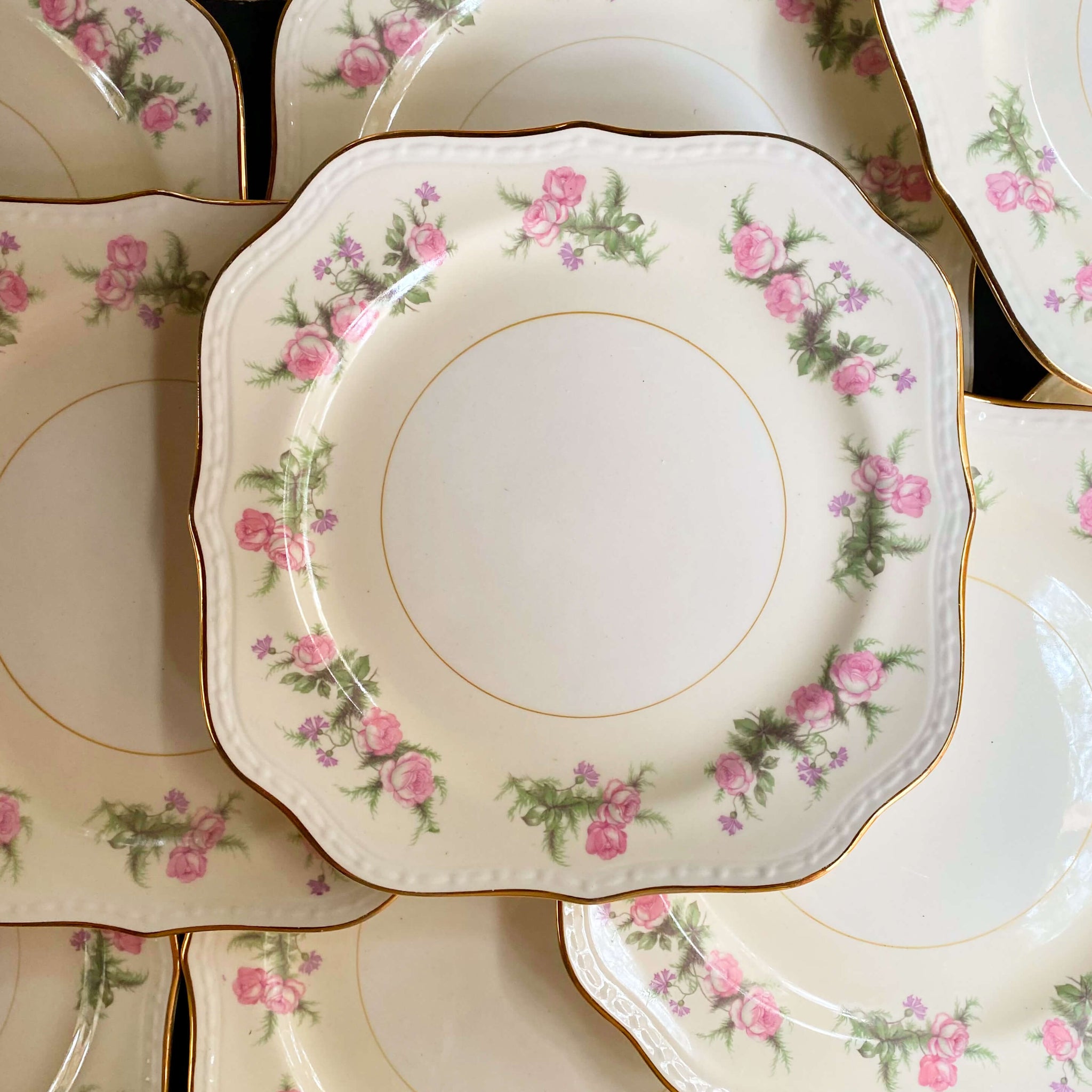 Vintage 1940s Square Salad Plates - Heather Rose Georgian Eggshell by Homer Laughlin circa 1947- Nine Available