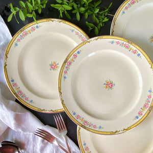 Vintage 1940s Edwin Knowles Dinner Plates with Yellow Band & Cottage Floralas - Set of 4 circa 1946