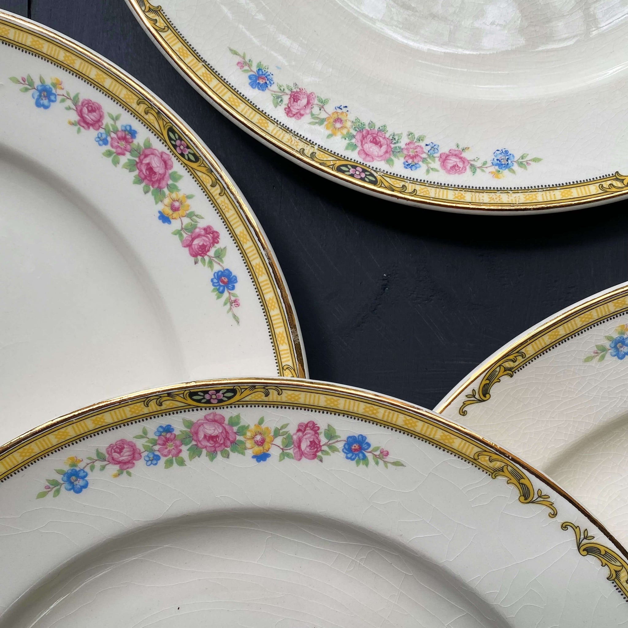 Vintage 1940s Edwin Knowles Dinner Plates with Yellow Band & Cottage Floralas - Set of 4 circa 1946