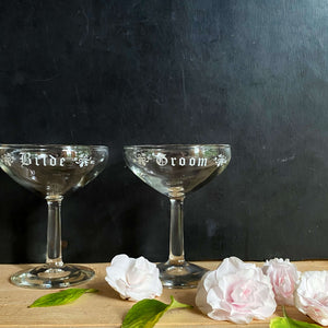 Vintage 1950s Bride & Groom Toasting Glasses - Champagne Coupe Style Set of Two