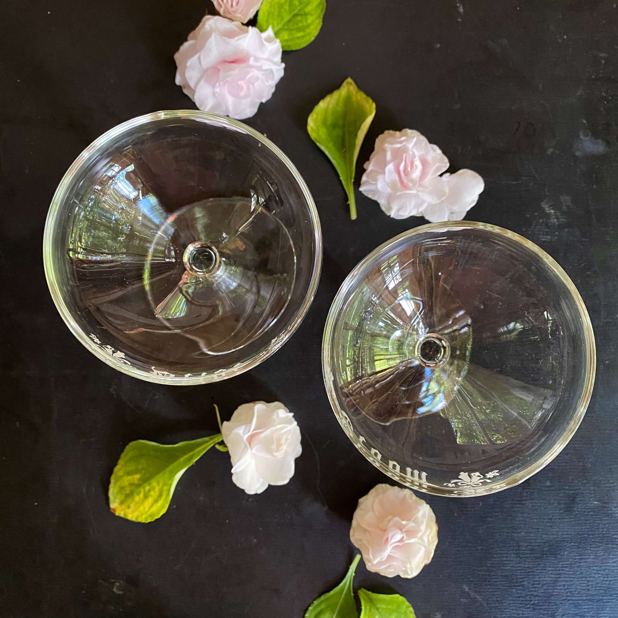 Vintage 1950s Bride & Groom Toasting Glasses - Champagne Coupe Style Set of Two