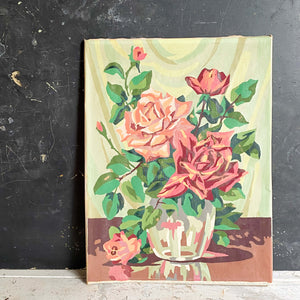 Vintage 1950s Rolled Canvas Paint By Number - Pink Rose Bouquet - Love's Tribute - Palmer Show Card Paint Co circa 1951