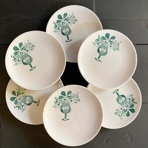 Rare Midcentury Restaurant Ware Dessert Plates with Green Cocktail Glass and Hearts by Shenango circa 1954 - Set of Six