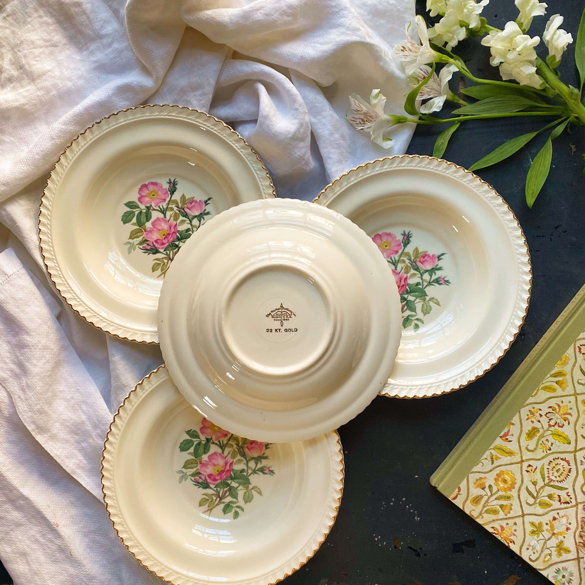 Vintage 1950s Wild Rose Soup Bowls by Harker - Set of Four Four circa 1950