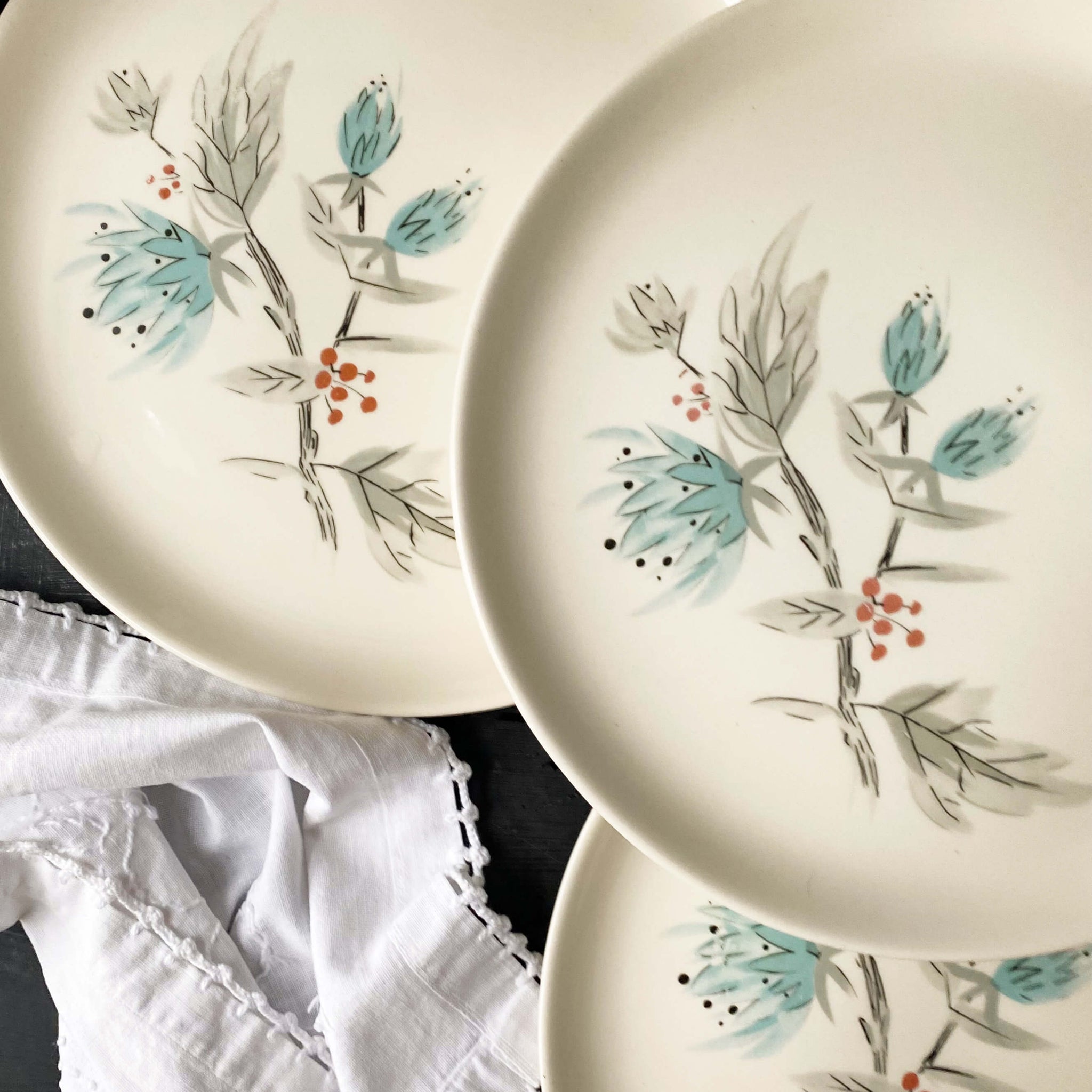 Rare Vintage Midcentury Dinner Plates with Teal Flowers Grey Leaves & Red Berries - Set of Four