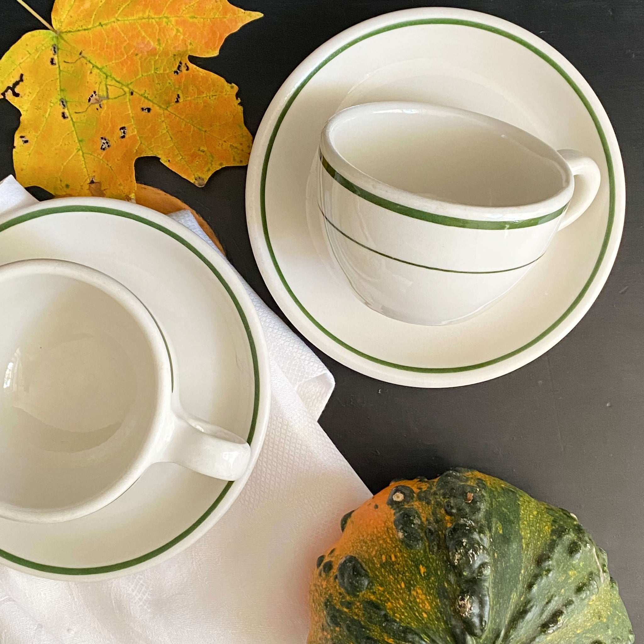 Vintage Green Striped Restaurant Ware Cups and Saucers by Buffalo China - Set of Two circa 1962-1986