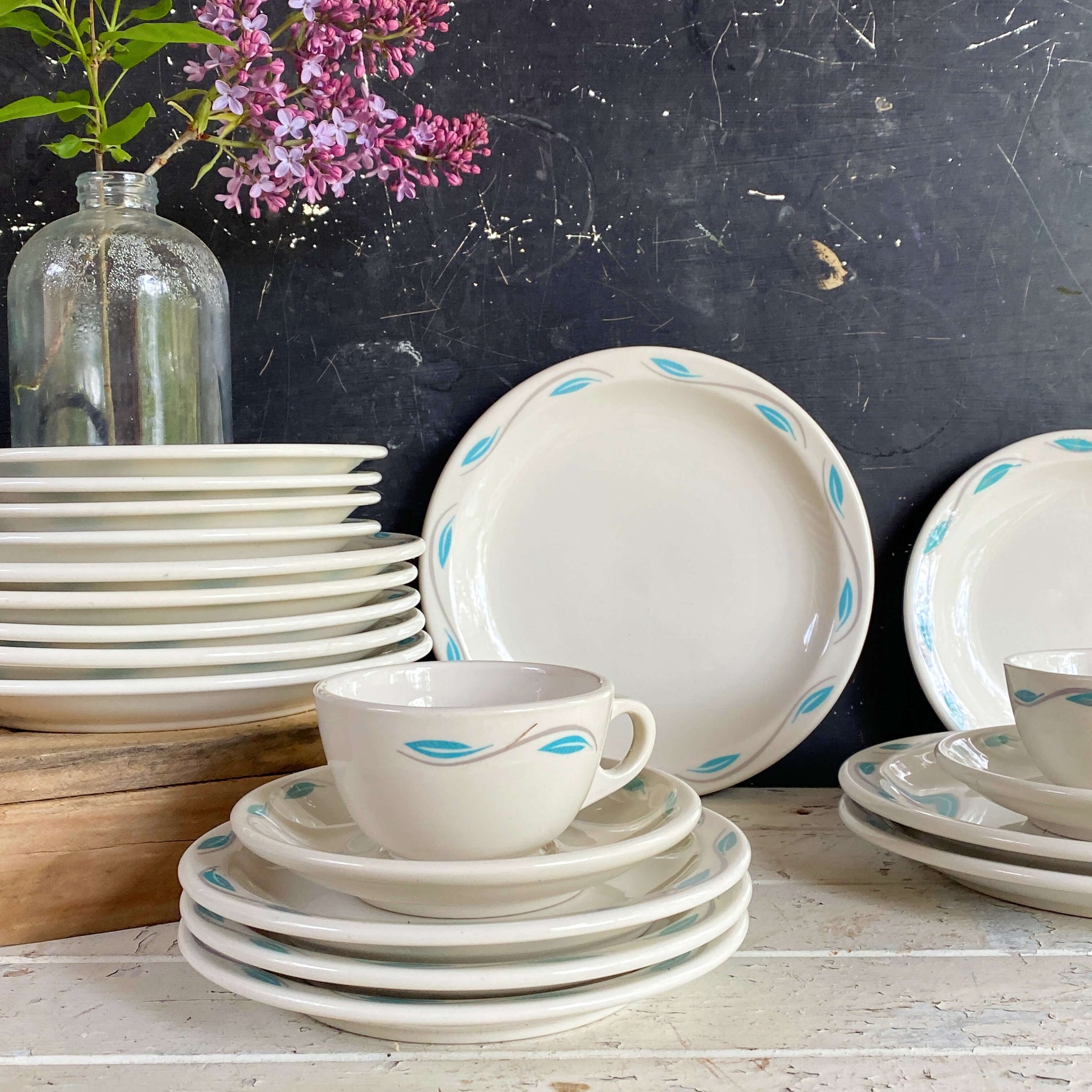 Vintage Homer Laughlin Turquoise Leaf Restaurant Ware Plates and