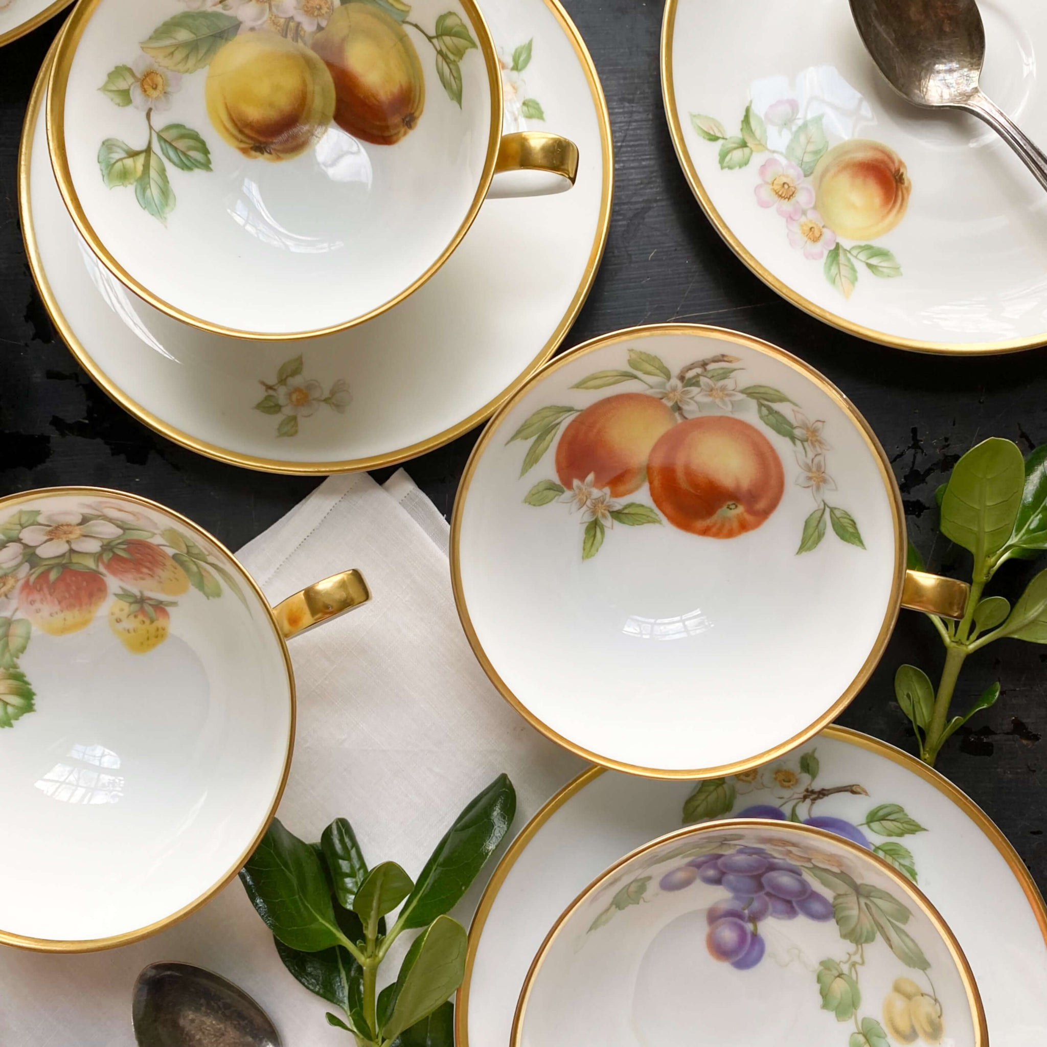 Vintage 1960s Hutschenreuther Fruit Pattern Porcelain Cups and Saucers