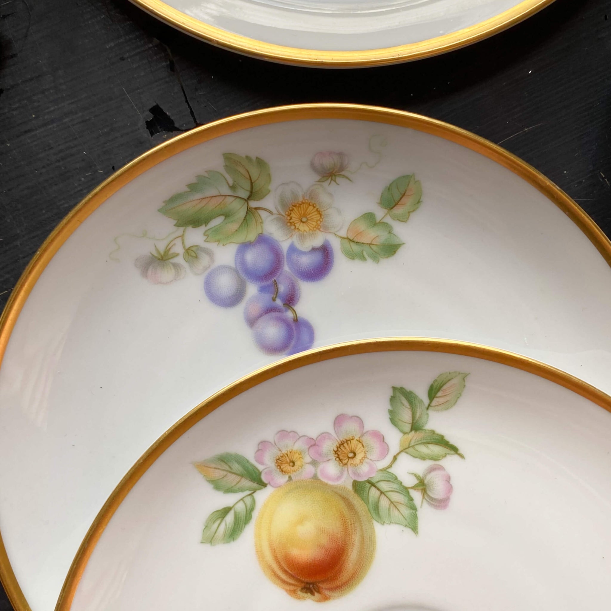 Vintage 1960s Hutschenreuther Fruit Pattern Porcelain Cups and Saucers - Set of Seven