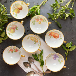 Vintage 1960s Hutschenreuther Fruit Pattern Porcelain Cups and Saucers - Set of Seven