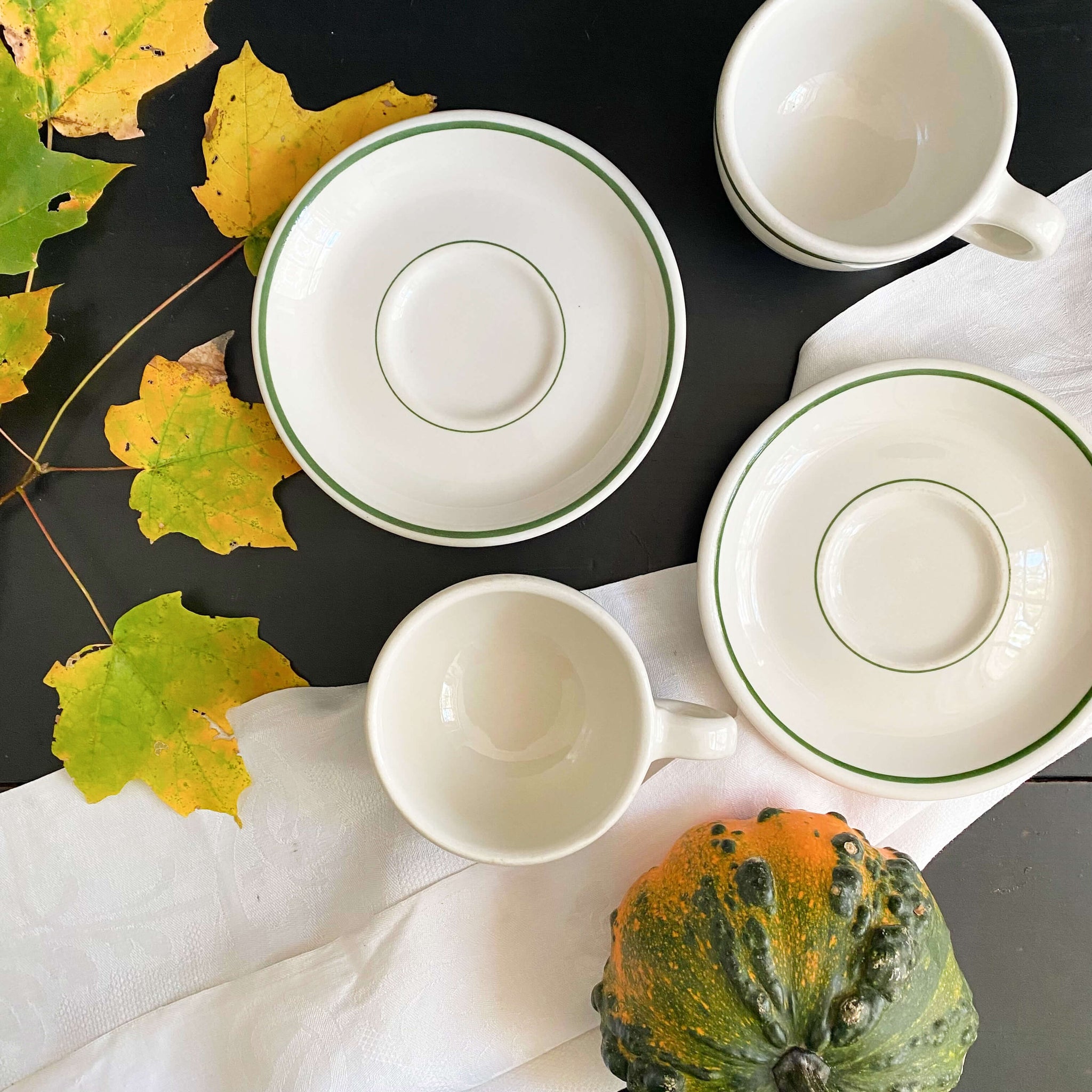 Vintage Green Striped Restaurant Ware Cups and Saucers by Buffalo China - Set of Two circa 1962-1986