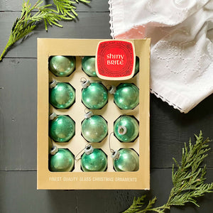 Vintage Shiny Brite Green Glass Ornaments 1 3/4" Inch Size - Set of 12 in Original Box  circa 1960s/1970s