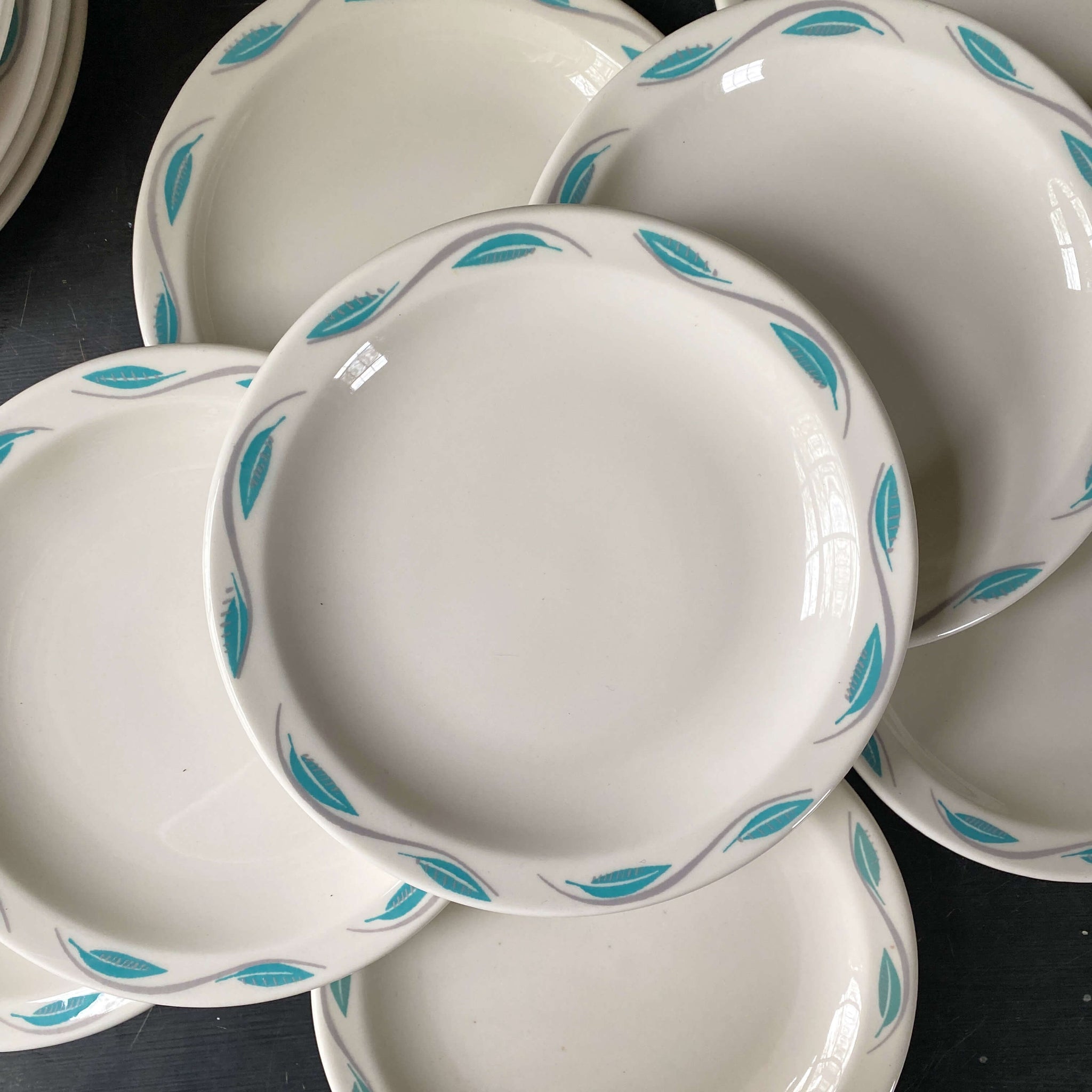 Vintage Homer Laughlin Turquoise Leaf Restaurant Ware Plates and Cups circa 1960s-1980s