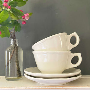 Vintage 1960s White Restaurant-Ware Cups and Saucers - Your Host Scalloped Edge by Buffalo China circa 1964