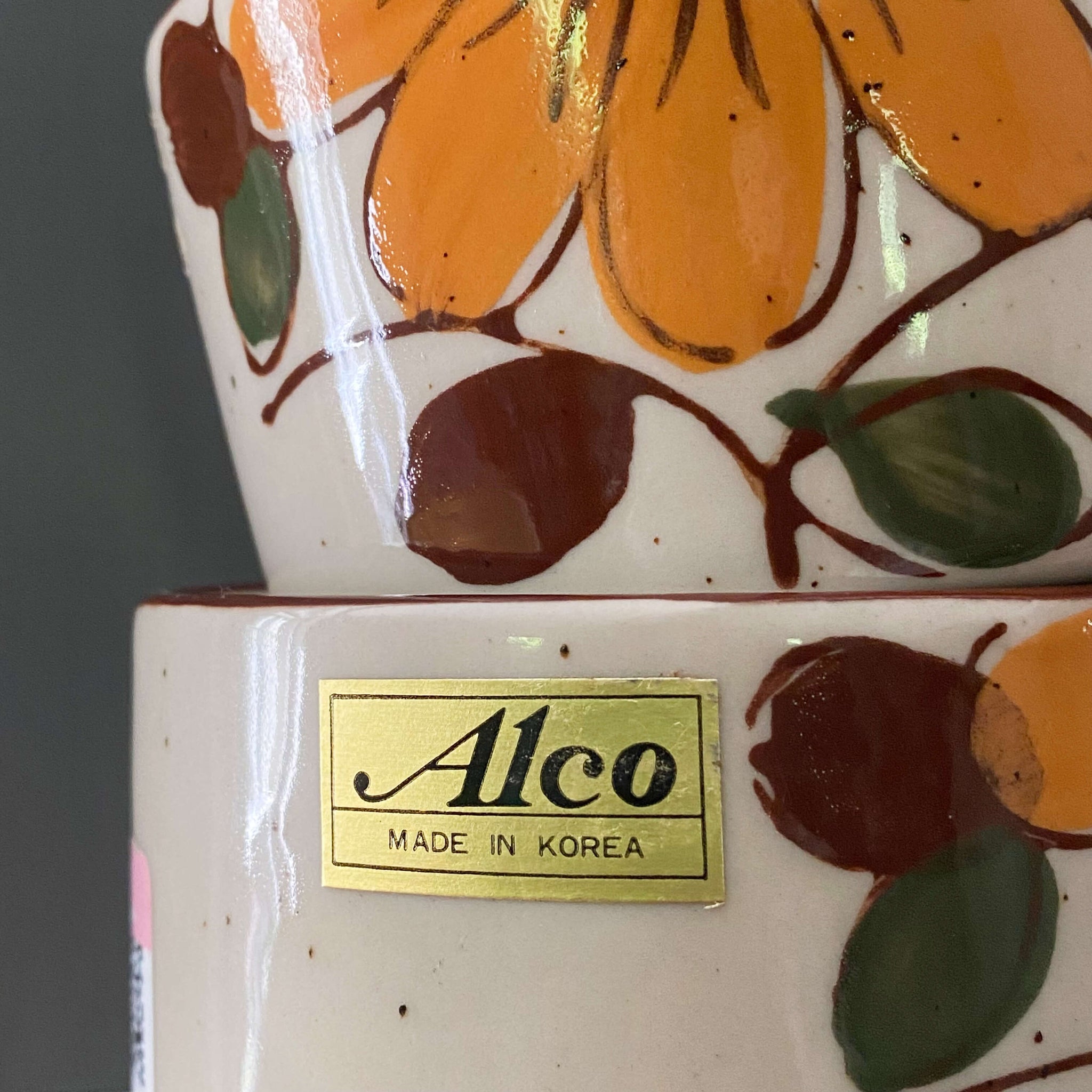 Vintage 1970s Alco Stoneware Mugs wth Orange Flowers - Set of Two Made in Korea