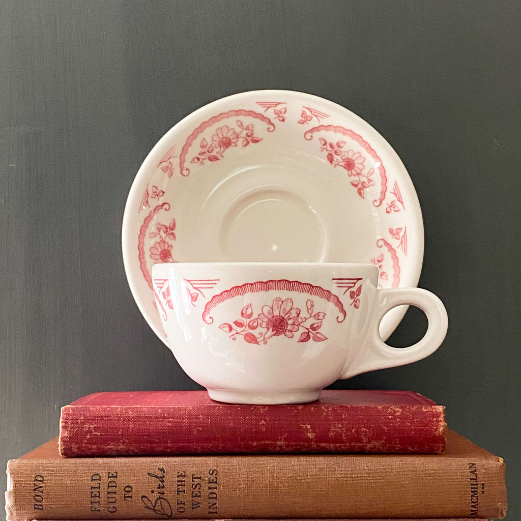 Vintage 1970s Red and White Restaurant Ware Cup and Saucer by Homer Laughlin circa 1974