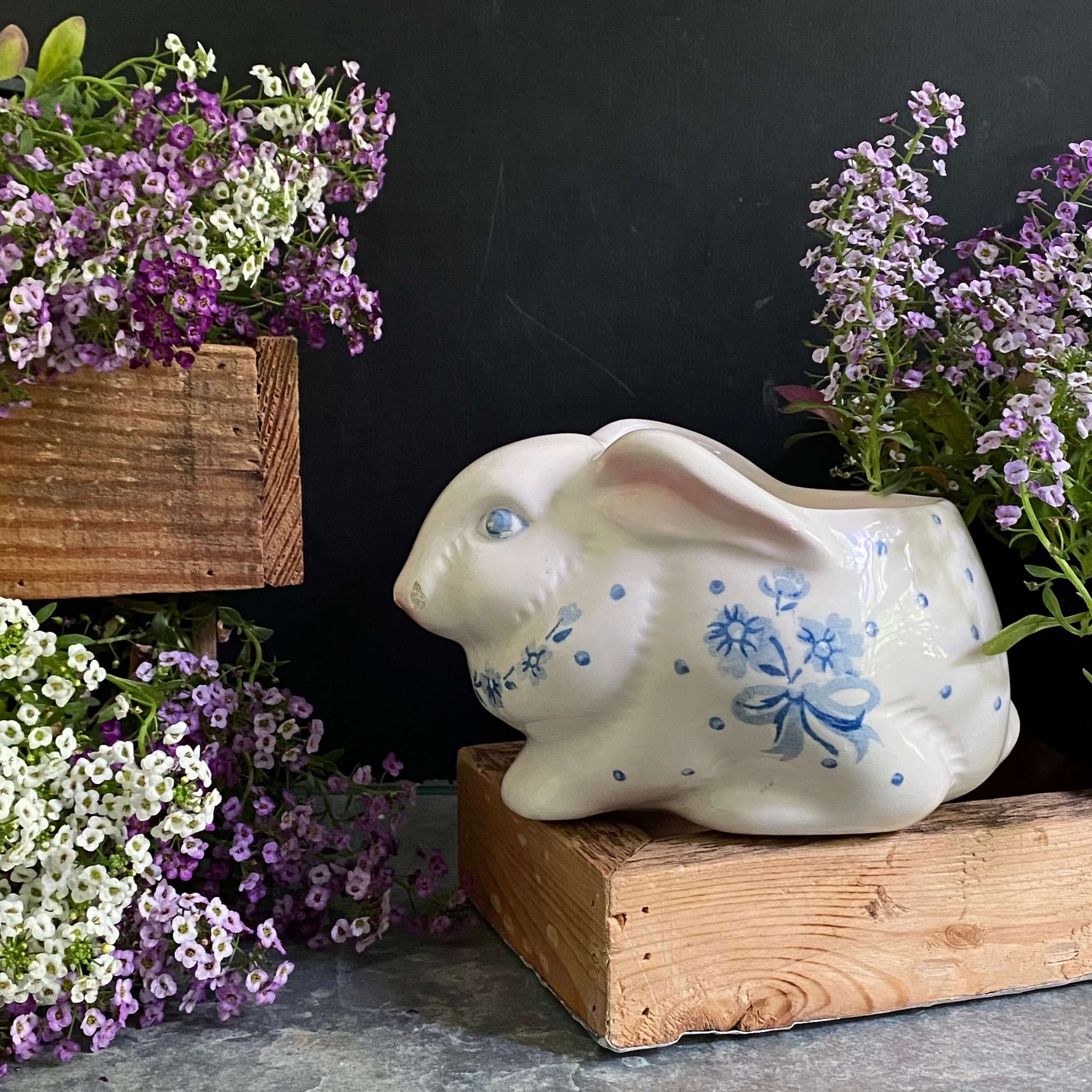 Vintage Chippy Floral Ceramic Rabbit Planter Made in Brazil for