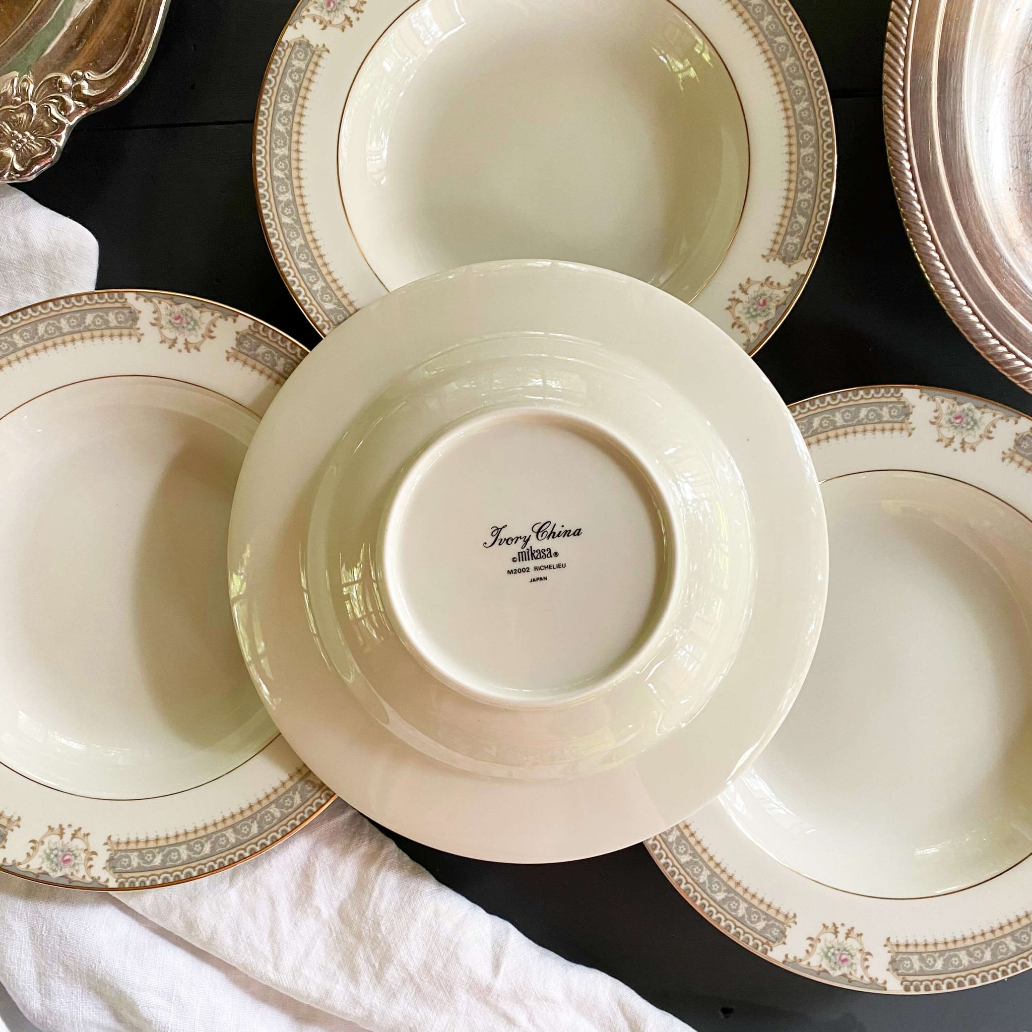 Vintage Grey and Gold Mikasa Richelieu Soup Bowls - Set of Four circa 1980s