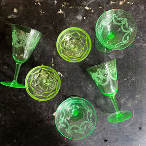 Vintage Uranium Glass Stemware - Mismatched Set of 6 - Green Glowing Glass