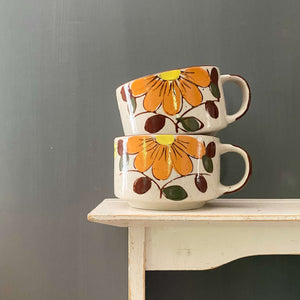 Vintage 1970s Alco Stoneware Mugs wth Orange Flowers - Set of Two Made in Korea