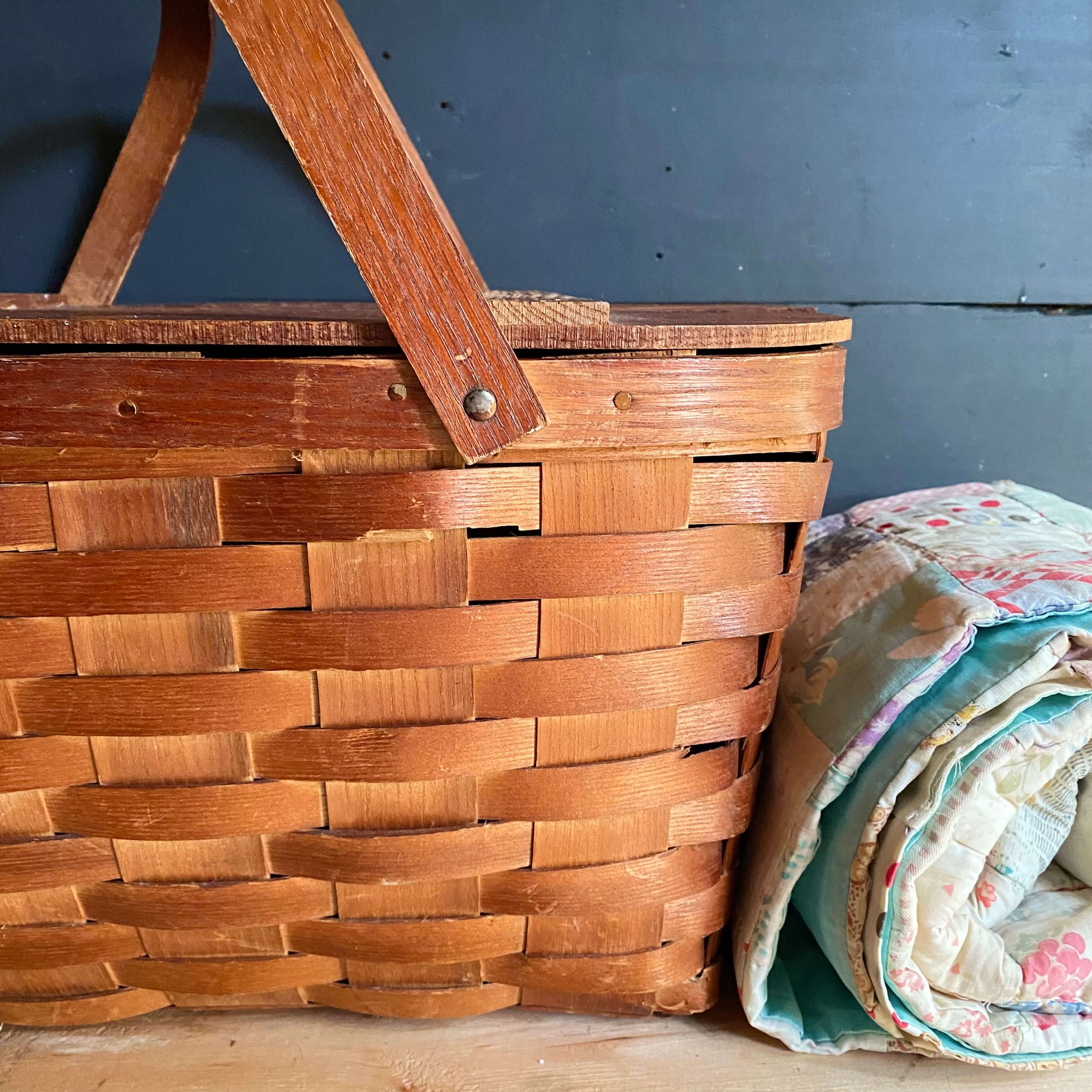 Vintage 1930s Split Oak Basketweave Picnic Basket