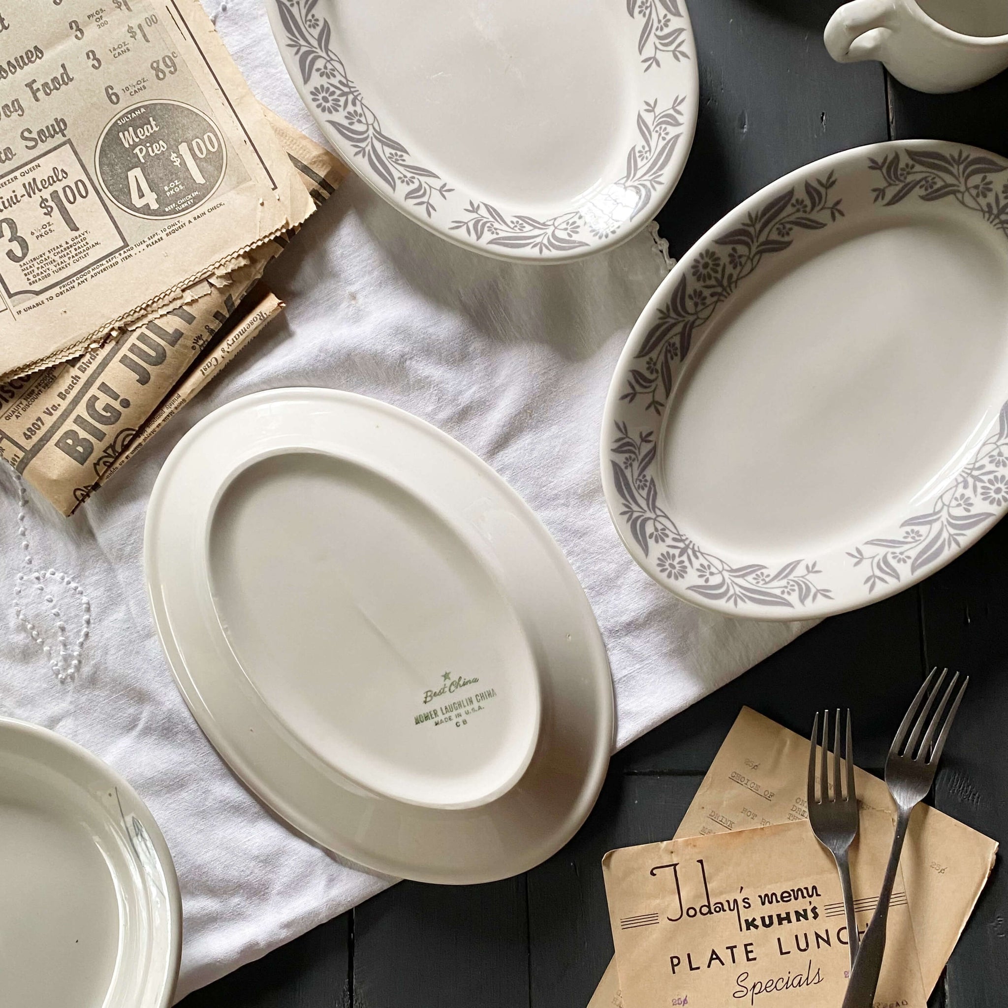 Vintage 1960s Grey Floral Restaurant Ware Side Plates by Best China Homer Laughlin - Set of Three circa 1961-1962