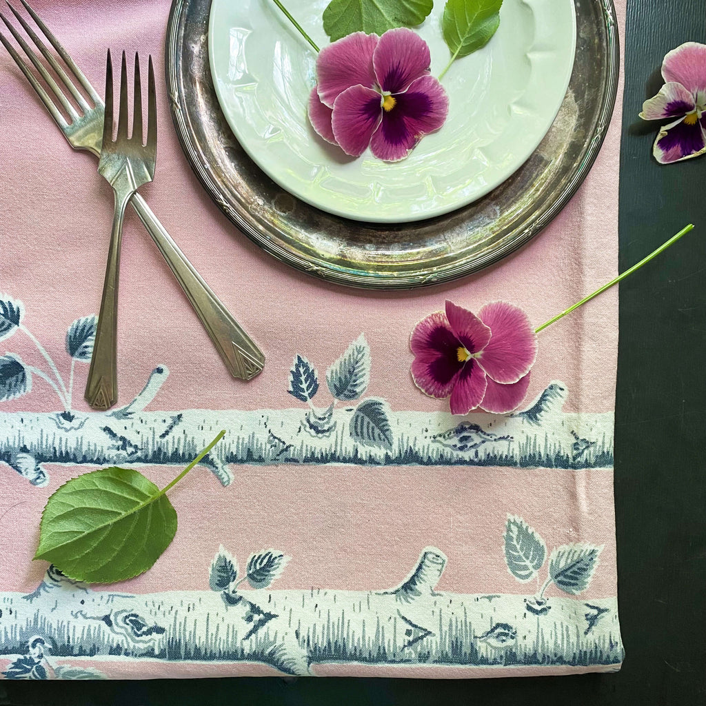 Vintage Midcentury Pink and Grey Tablecloth with Birch Tree Branches 52x58