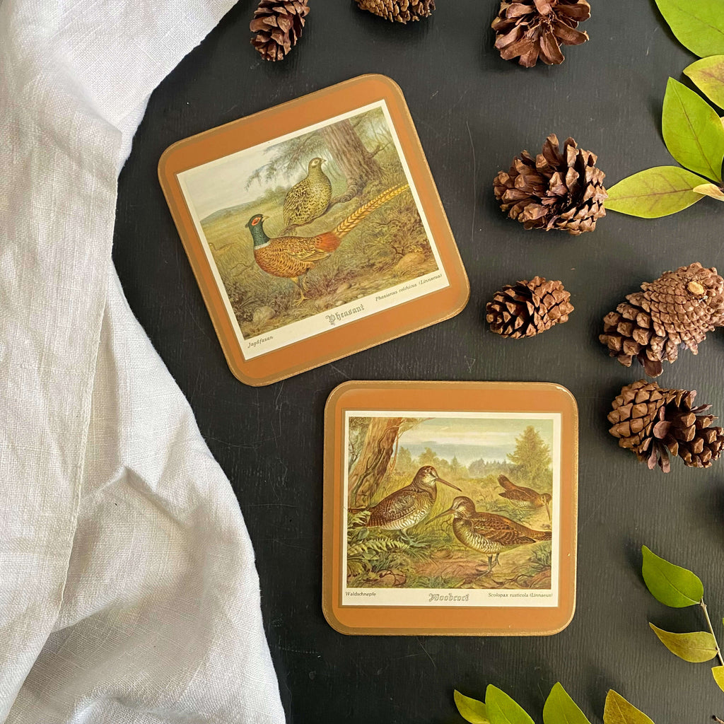 Vintage Bird Drink Coasters Featuring Pheasants and Woodcocks - Set of Two