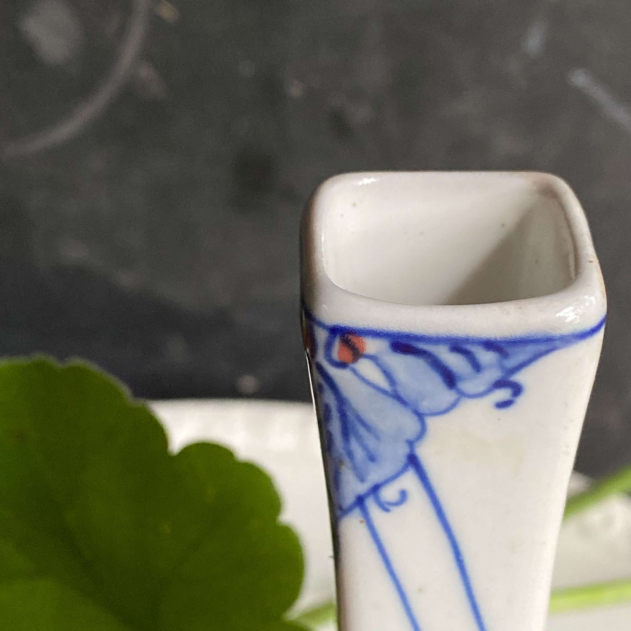 Vintage Blue and White Ceramic Bud Vase - Handpainted - Square Base