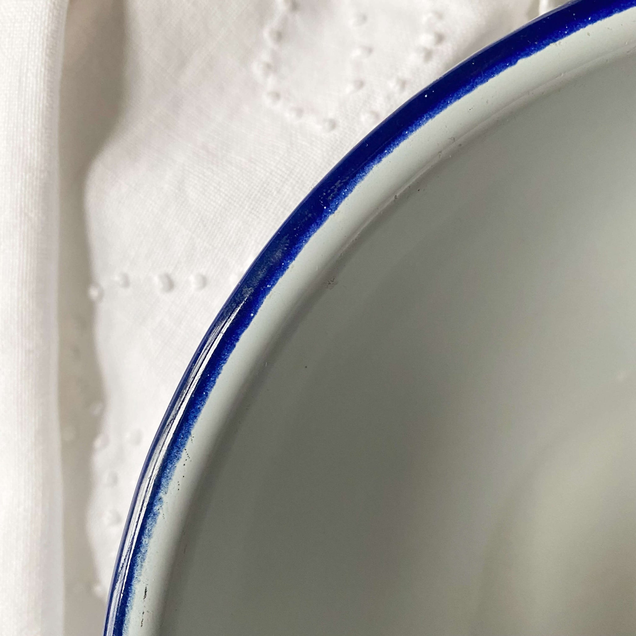 Vintage Medium Enamelware Bowl with Blue Rim