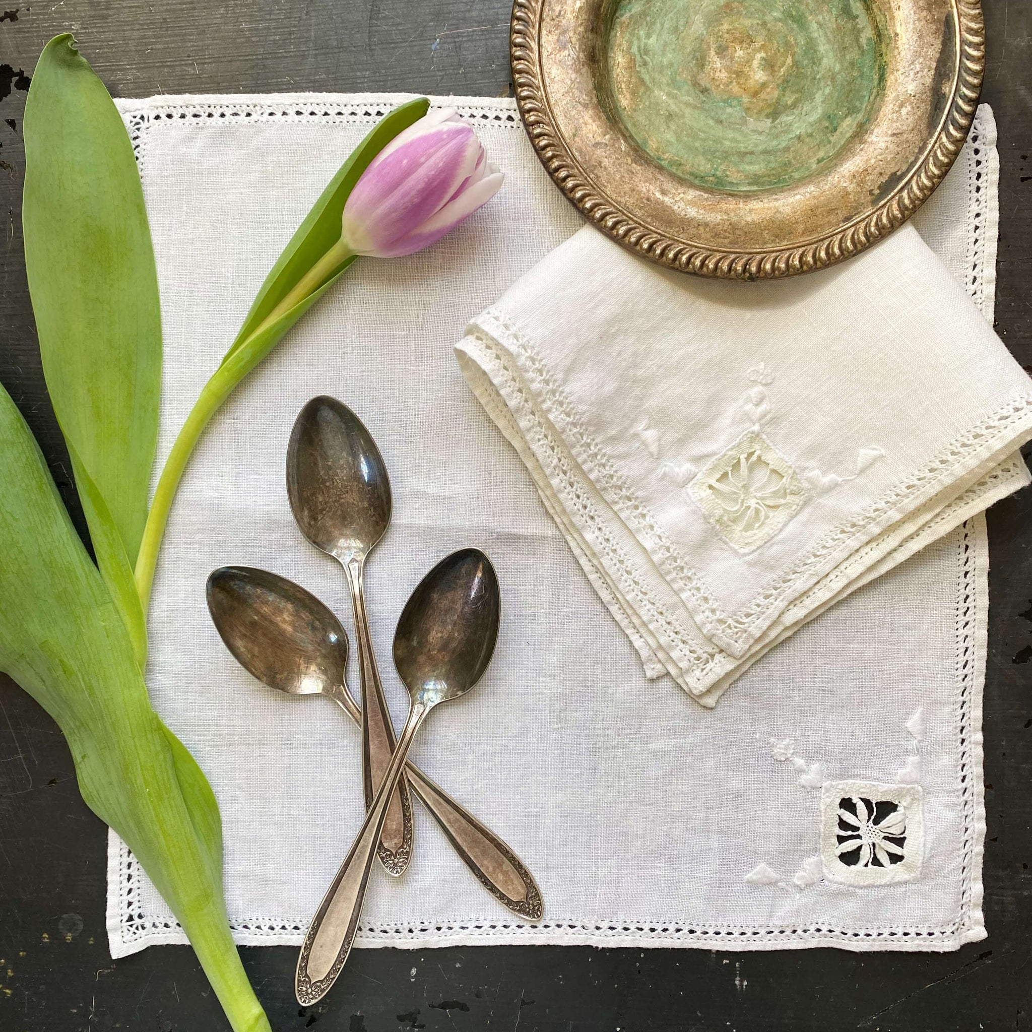 Vintage Embroidered Linen Cocktail Napkins with Drawn Work Florals - Set of Two