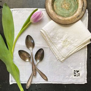 Vintage Embroidered Linen Cocktail Napkins with Drawn Work Florals - Set of Two