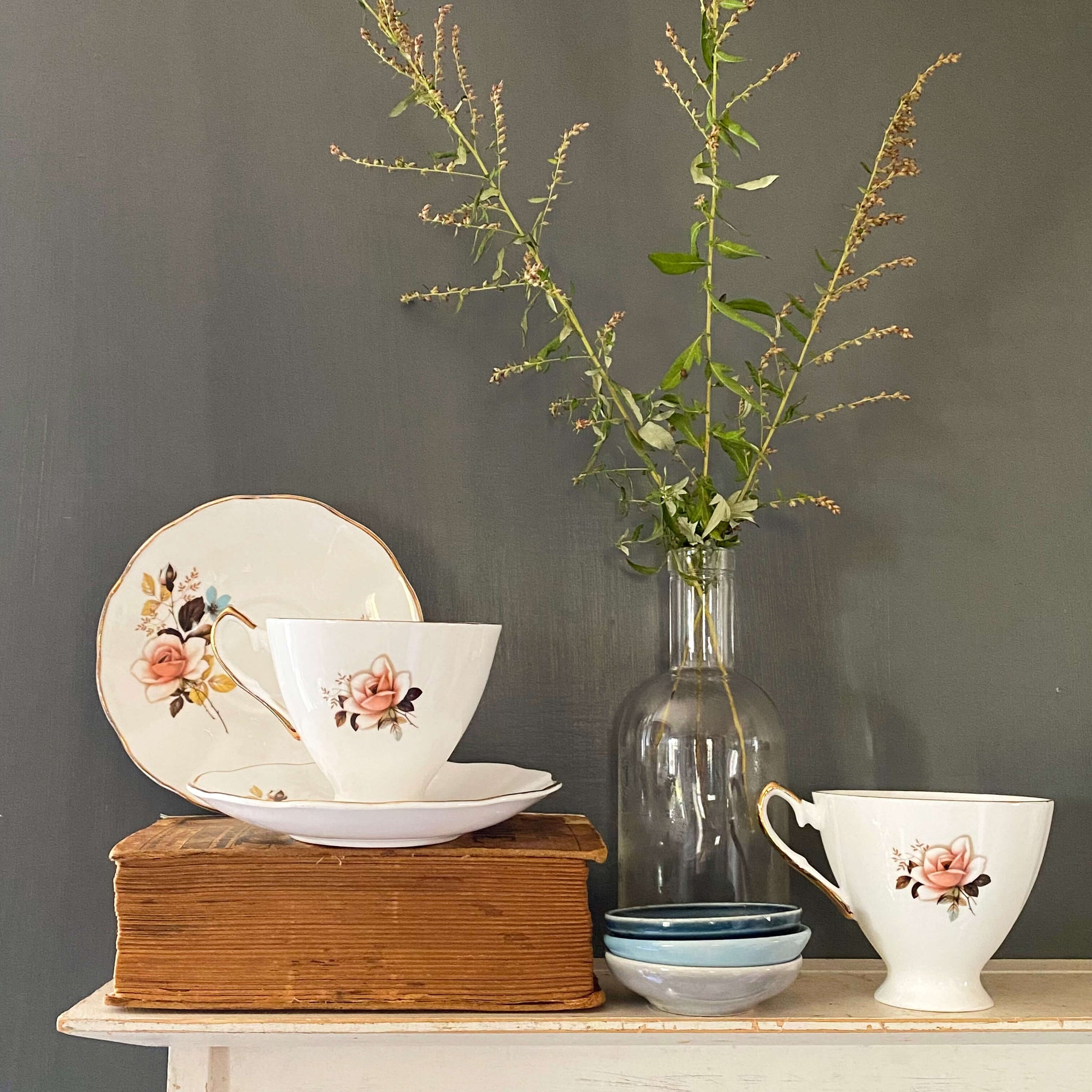 Vintage Bone China Floral Cups and Saucers with Peach Roses & Teal Flowers Made in England - Set of Two