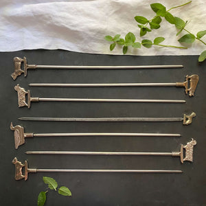 Vintage Brass Kebab Skewers with Animal Finials - Set of 7 -  Made in Taiwan circa 1960s-1970s