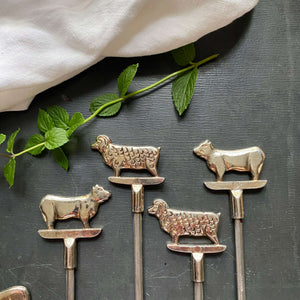 Vintage Brass Kebab Skewers with Animal Finials - Set of 7 -  Made in Taiwan circa 1960s-1970s