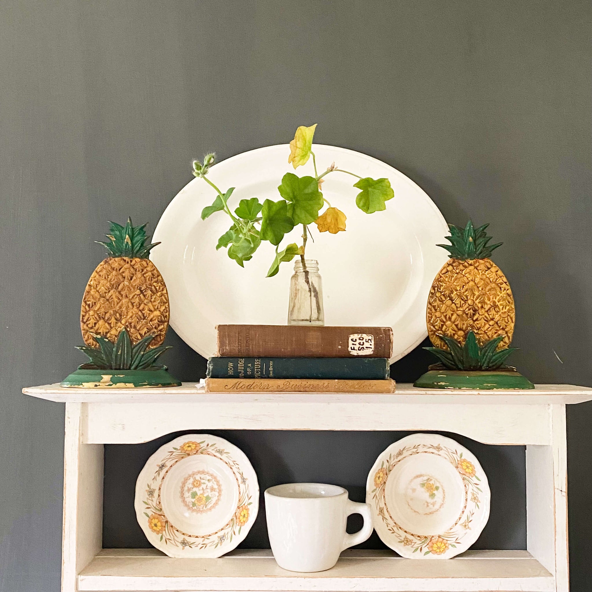 Vintage Pair of Handpainted Brass Pineapple Bookends by Yield House ci